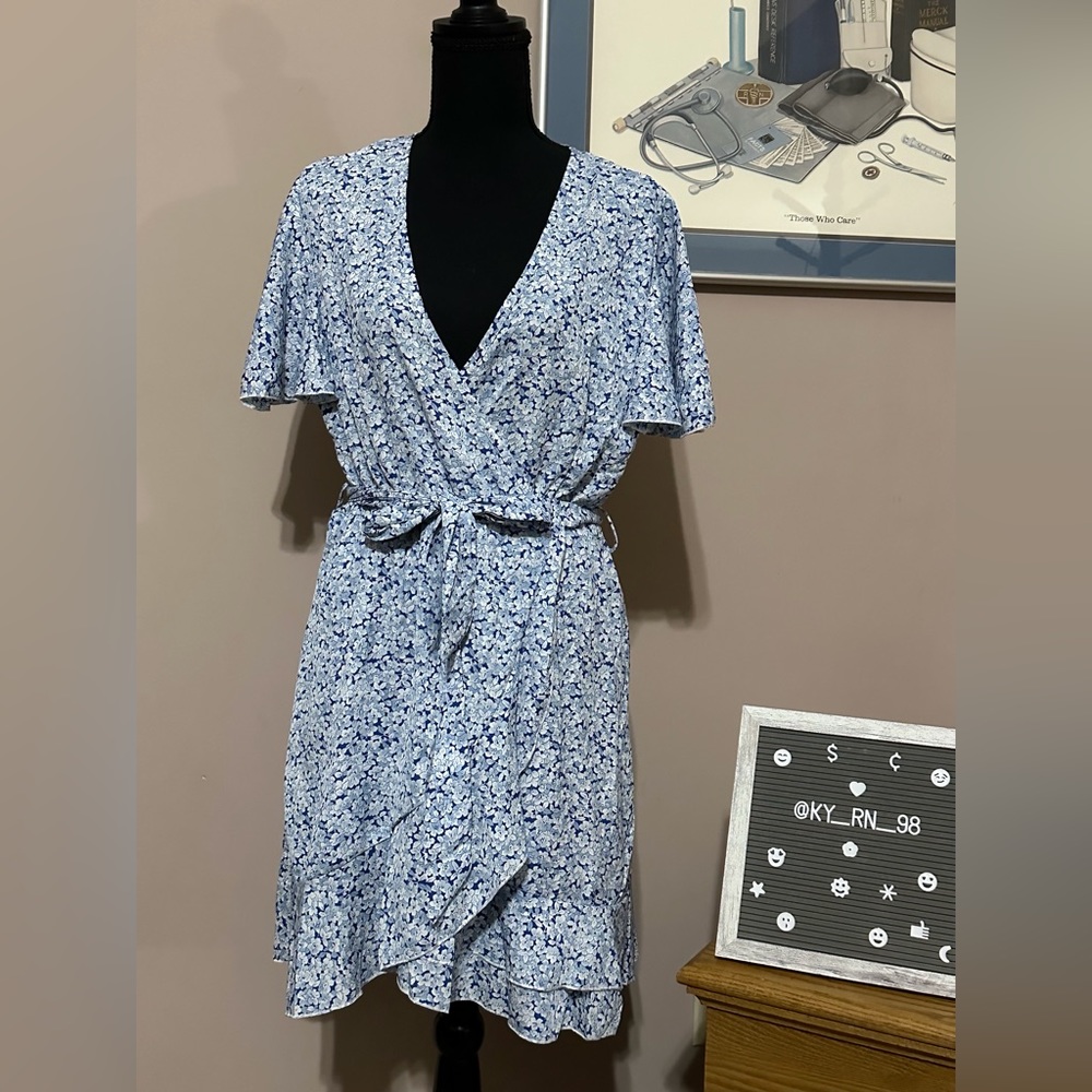 Light blue floral pattern boho wrap dress